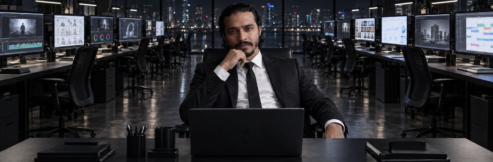 Khalid at a desk in an empty agency office at night, every workstation running