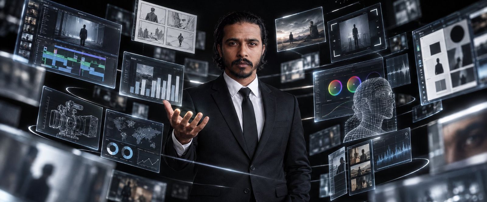 Khalid surrounded by floating screens: storyboards, an edit timeline, colour grading and analytics