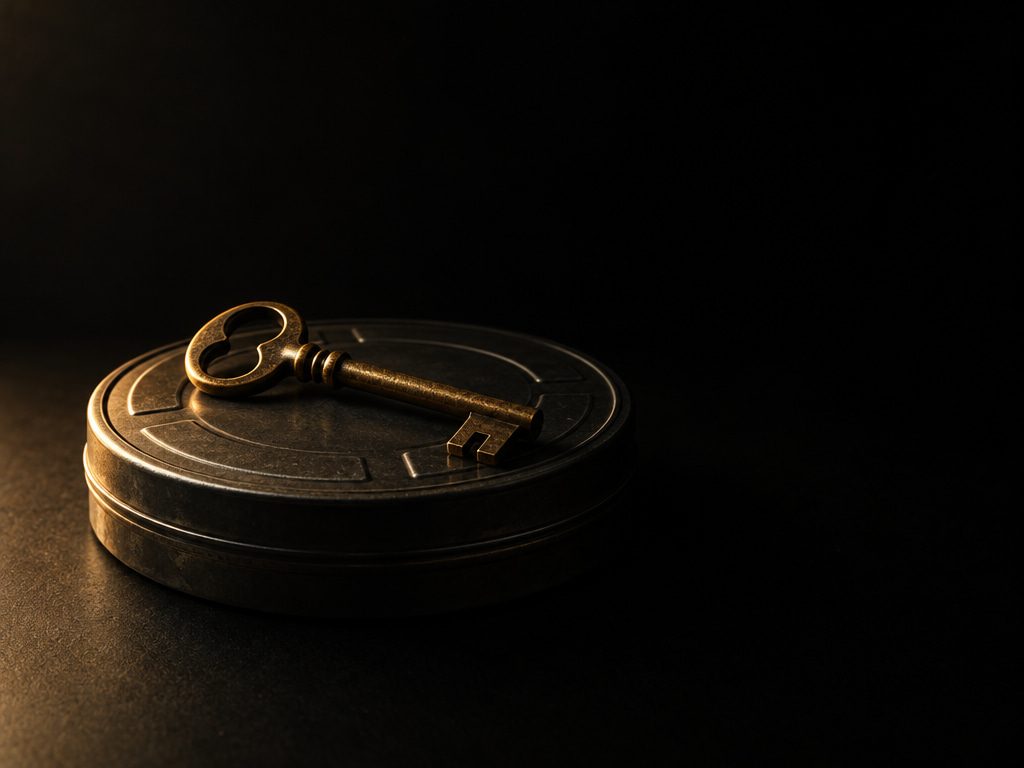 A brass key resting on a closed film canister
