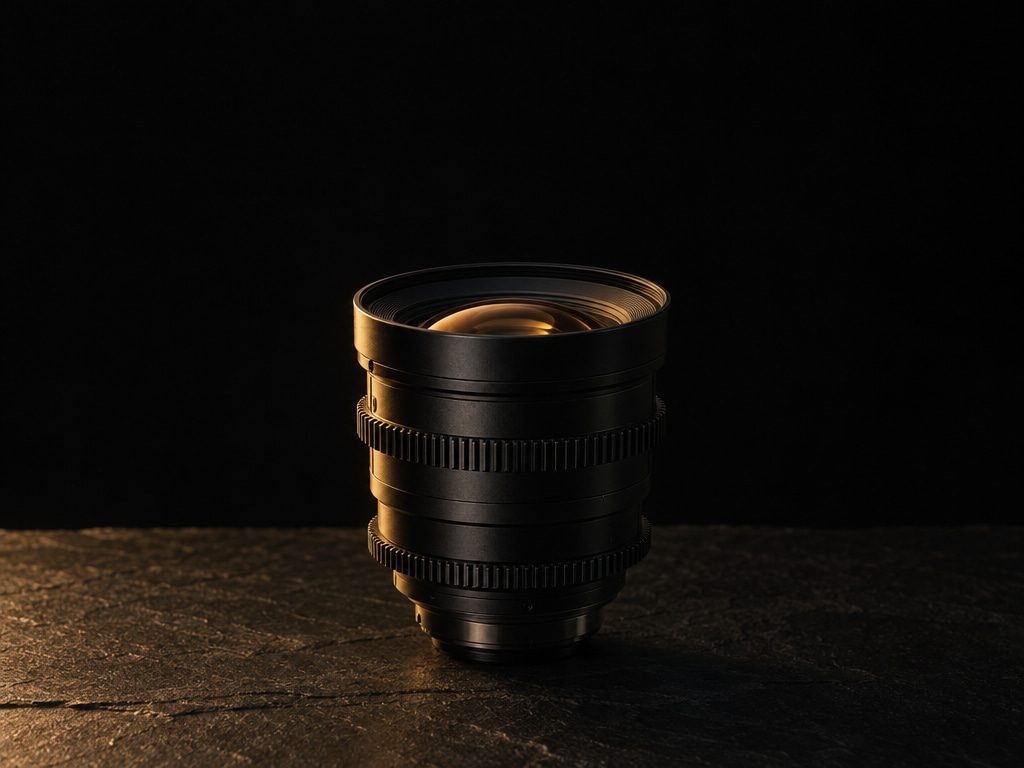 A cinema lens on black slate under a single warm light