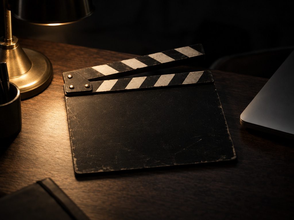 A worn film clapperboard on a walnut desk beside a laptop