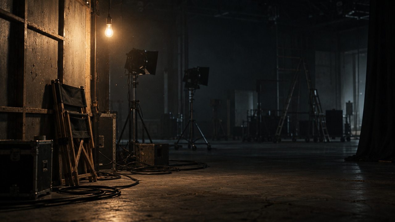 An empty film set after wrap, lit by a single bulb