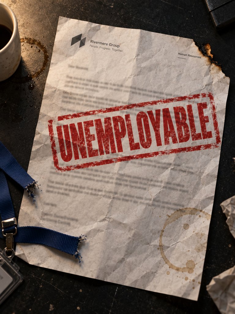 A crumpled HR letter stamped UNEMPLOYABLE in red, next to a cut office lanyard
