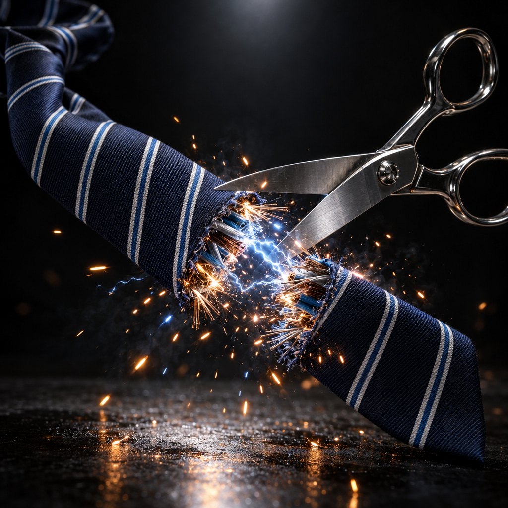 A striped office necktie being cut by scissors, the cut edge sparking with electricity